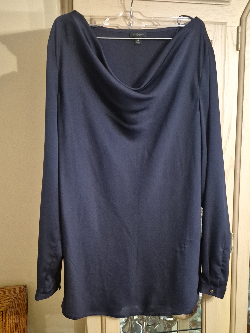 Ann Taylor Navy Cowl Neck Long Sleeve Blouse